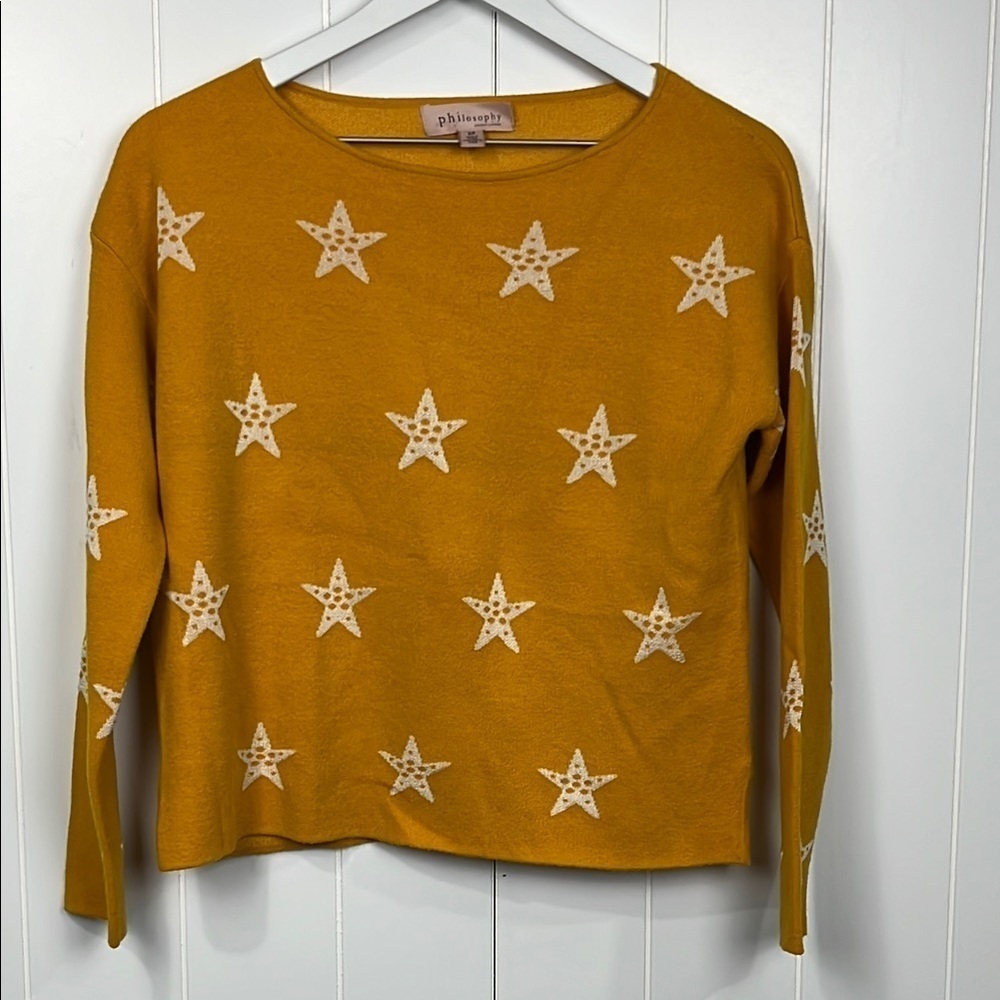 Philosophy Womens Sweater S/P Gold/ White Pullover Open Neck Birdseye Stars Boxy